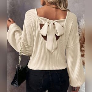 Cream Ribbed Sweater with Bow Back *PRE-ORDER*